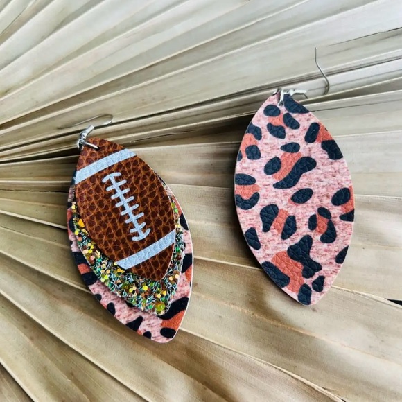 🏈 New! Layered Leopard Glitter PU Leather Football Dangle Earrings - Picture 5 of 7